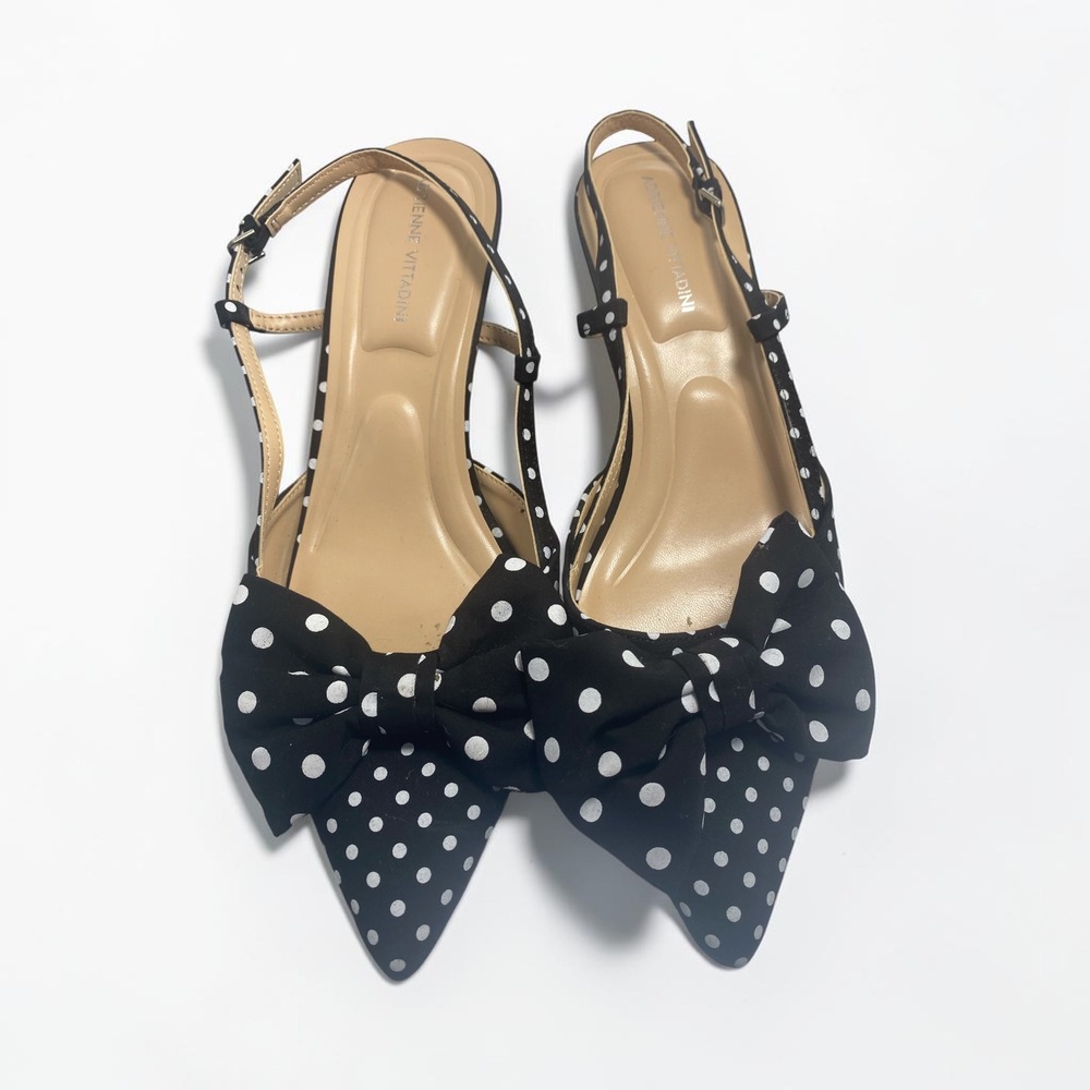 Adrienne Vittadini Black Polka Dot Bow Slingback Kitten Heels Size 10M